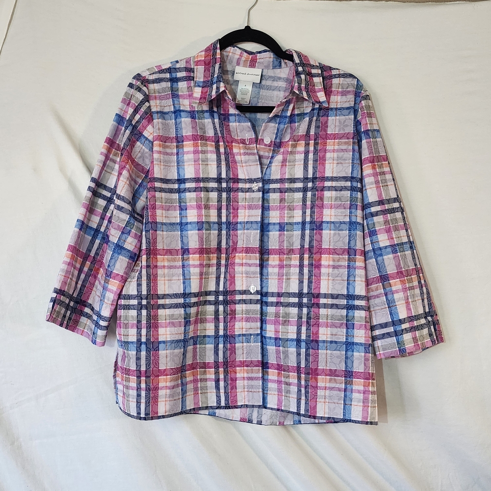 Alfred Dunner Pink and Blue Plaid Button Down Shirt